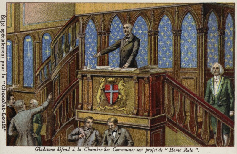 Gladstone forsvarer sin politikk for irsk hjemmestyre i Underhuset av French School