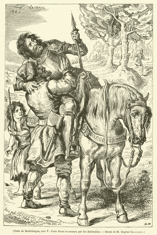 Goetz de Berlichingen, akt V, Goetz såret og reddet av bohemer (gravering) av French School
