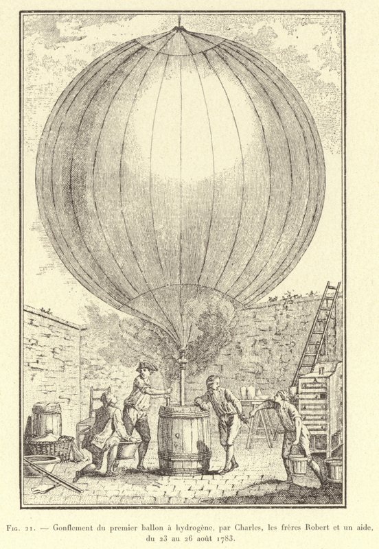 Oppblåsing av den første hydrogenballongen, av Charles, Robert-brødrene og en assistent, fra 23. til 26. august 1783 (gravering) av French School