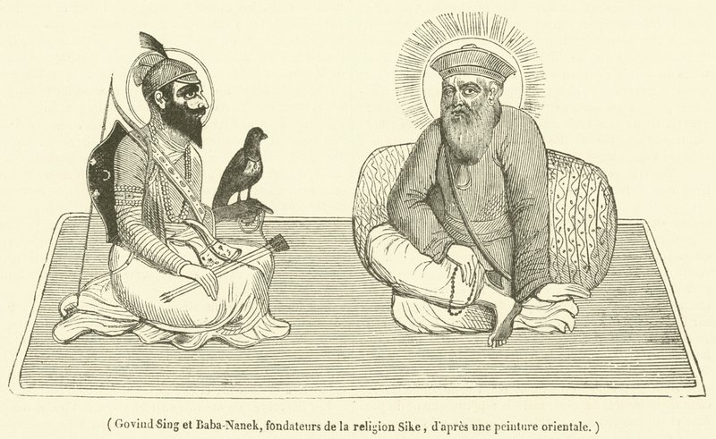 Govind Sing et Baba-Nanek, grunnleggerne av Sike-religionen (gravering) av French School