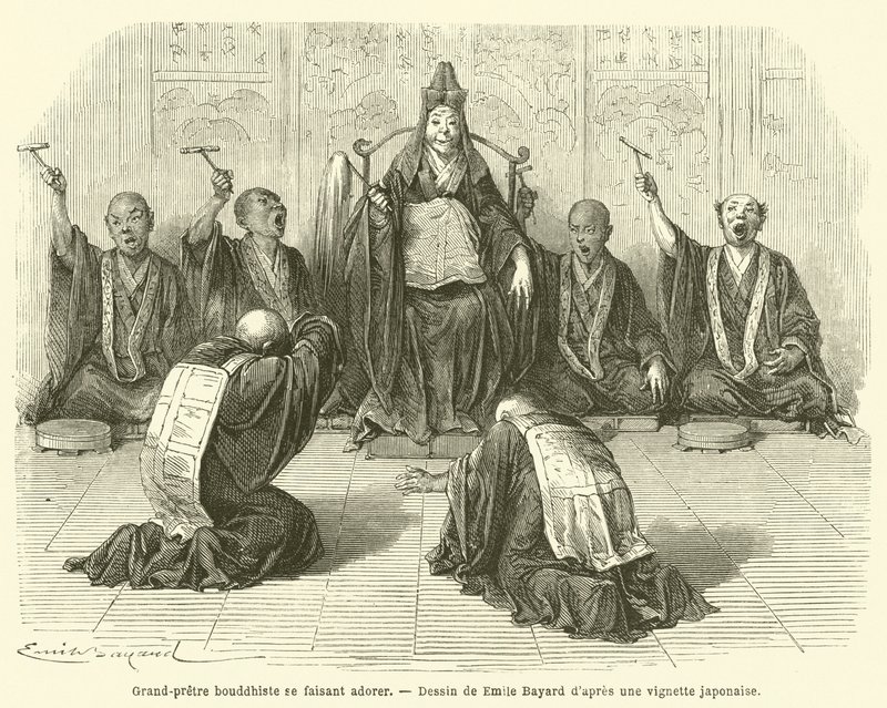 Buddhistisk yppersteprest blir tilbedt (gravering) av French School