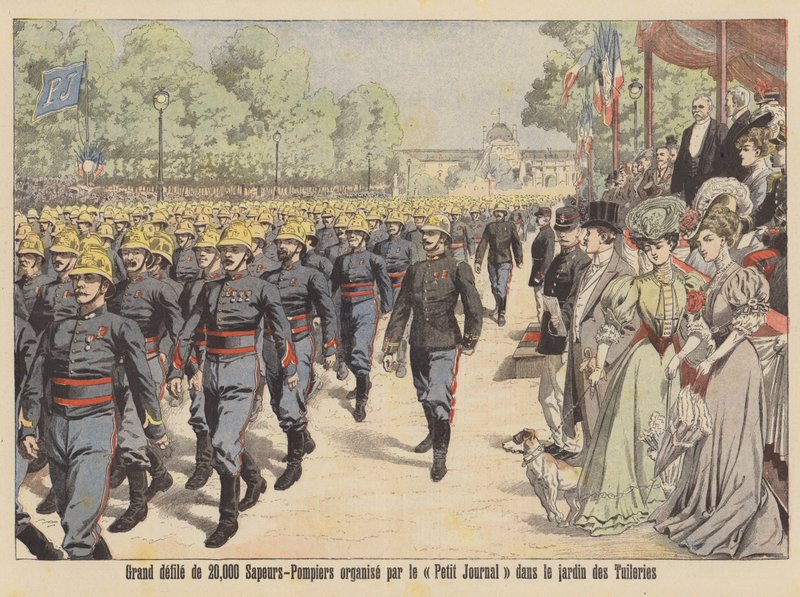 Stor parade med 20 000 brannmenn gjennom Jardin des Tuileries i Paris (fargelitografi) av French School