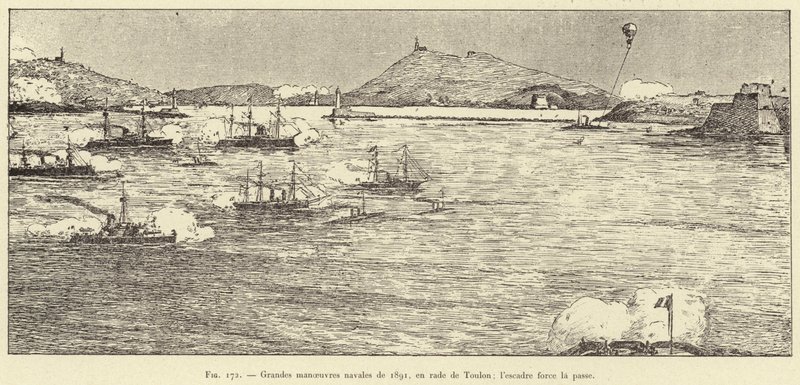 Store marinemanøvrer fra 1891, i havnen i Toulon; skvadronen tvinger passet (gravering) av French School