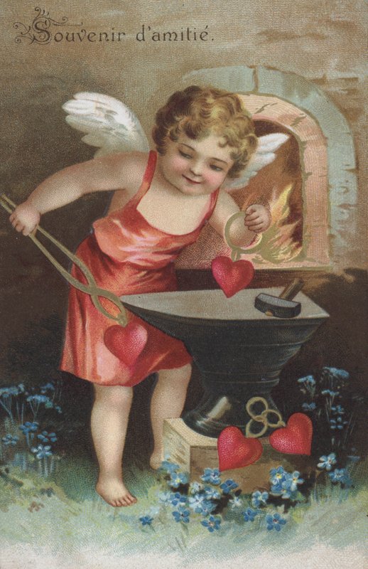 Hilsningskort som viser en kjerub som lager vennskapsbrikker i en smie (chromolitho) av French School