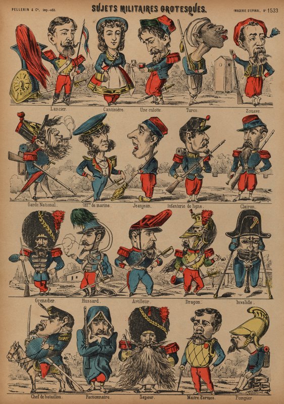 Groteske militærkarikaturer (farget gravering) av French School