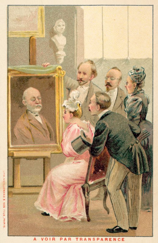 Gruppe mennesker studerer et maleri (chromolitho) av French School