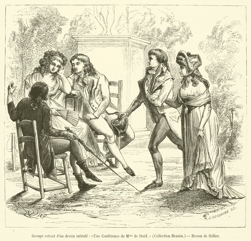 Gruppe hentet fra en tegning med tittelen, Une Lecture de Madame de Stael, Collection Hennin (gravering) av French School