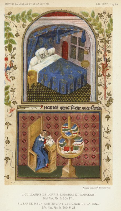 Guillaume De Lorris sover og tenker, Jean De Meun fortsetter The Roman De La Rose (farge litho) av French School
