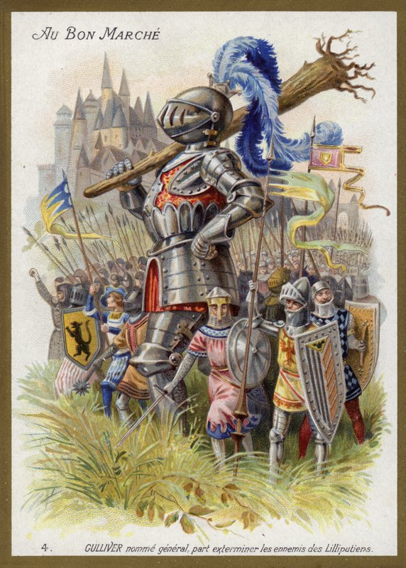 Gulliver, utnevnt til general, tar sikte på å utrydde fiendene til Lilliputians (chromolitho) av French School