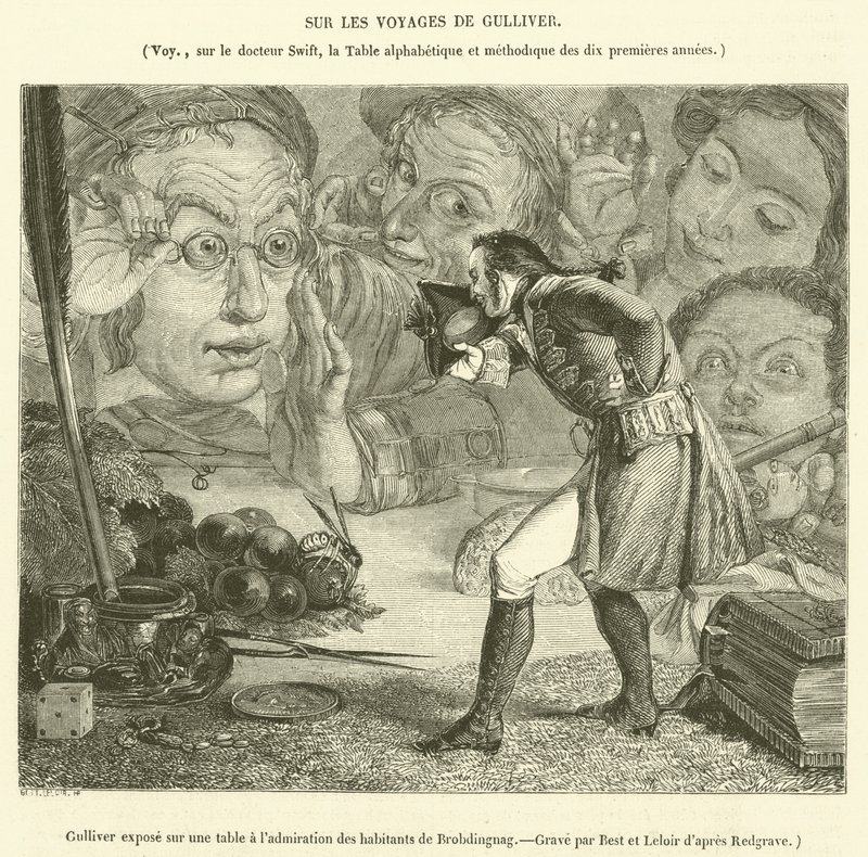 Gulliver utsatt på et bord til beundring fra innbyggerne i Brobdingnag (gravering) av French School