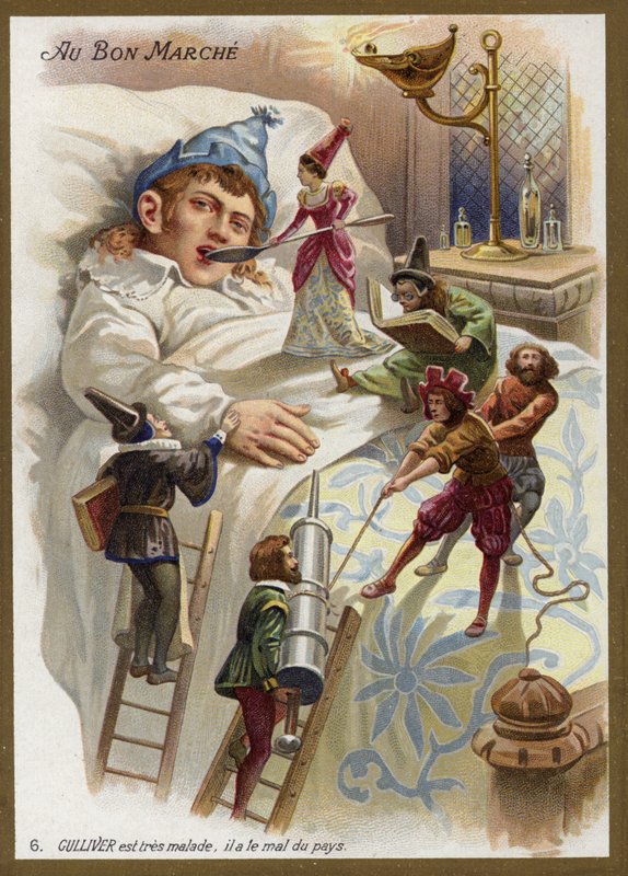 Gulliver er veldig syk. Han lider av hjemlengsel (chromolitho) av French School