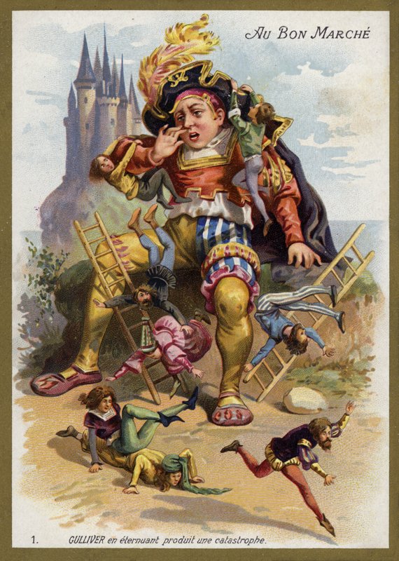 Gulliver nyser og forårsaker en katastrofe (chromolitho) av French School