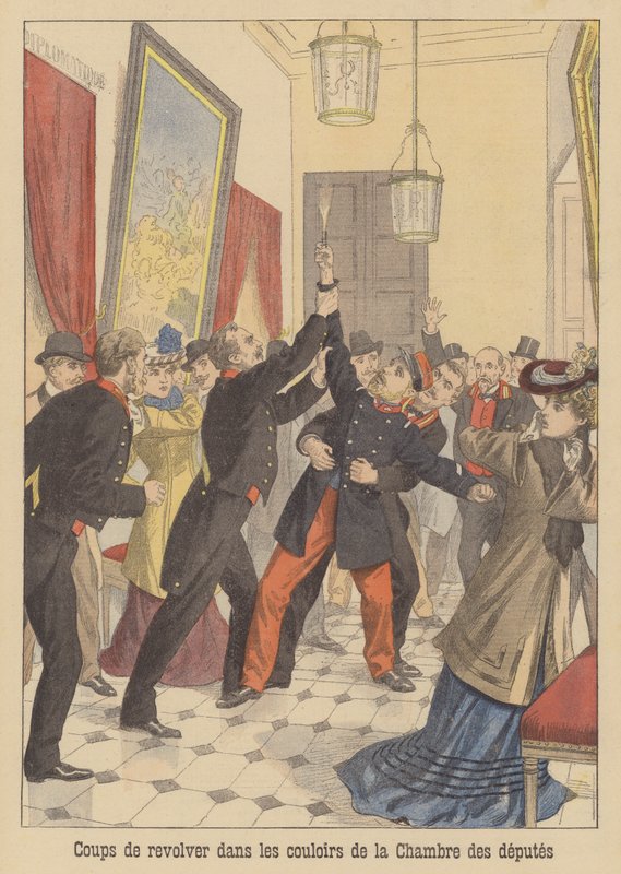 Skudd i korridorene i det franske deputertkammeret (fargelitografi) av French School