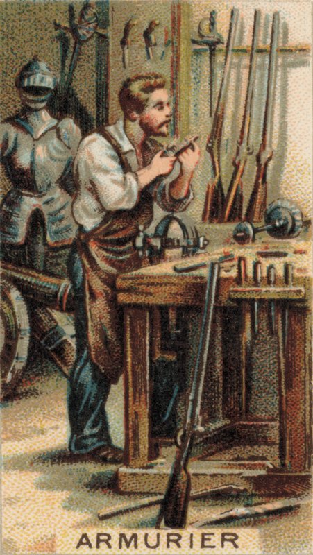 Børsemaker på jobb i verkstedet sitt (kromolitho) av French School