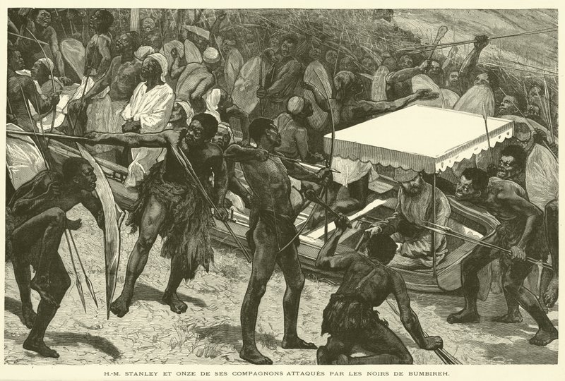 HM Stanley og elleve av hans følgesvenner angrepet av de svarte fra Bumbireh (gravering) av French School