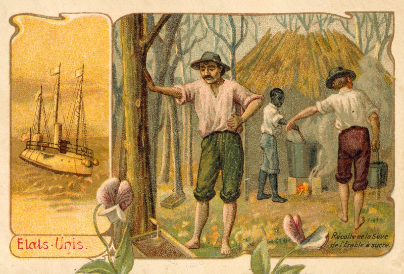 Høsting av lønnesirup for å lage lønnesirup, USA (chromolitho) av French School