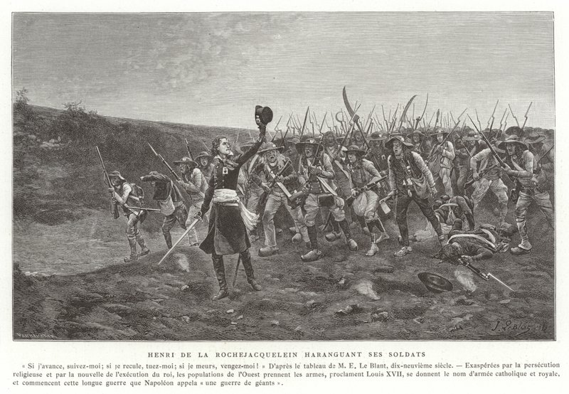 Henri de la Rochejaquelin harrangerer soldatene sine, Vendee Revolt, Frankrike av French School
