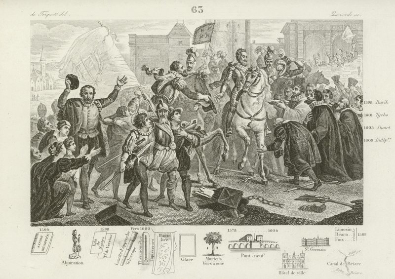 Henry IV av Frankrike kommer inn i Paris akkompagnert av Comte de Brissac, guvernør i byen, 22. mars 1594 av French School
