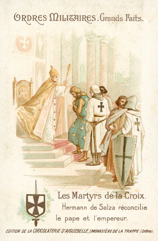 Hermann von Salza, stormester for de teutoniske riddere, bringer til en forsoning mellom pave Gregor IX og keiser Fredrik II av French School