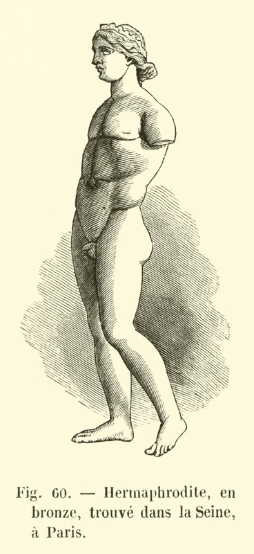 Hermafroditt, i bronse, funnet i Seinen, i Paris (gravering) av French School
