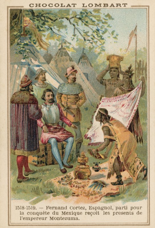 Hernan Cortes, spansk conquistador, mottok gaver fra den aztekiske keiseren Montezuma, Mexico, 1518-1519 av French School