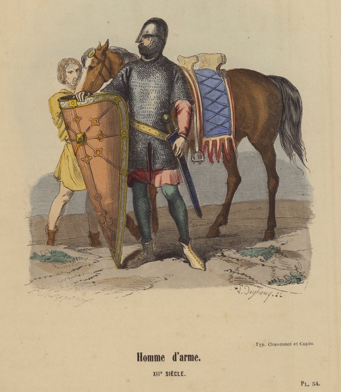 Man-at-Arms, XIIth Century (farget gravering) av French School
