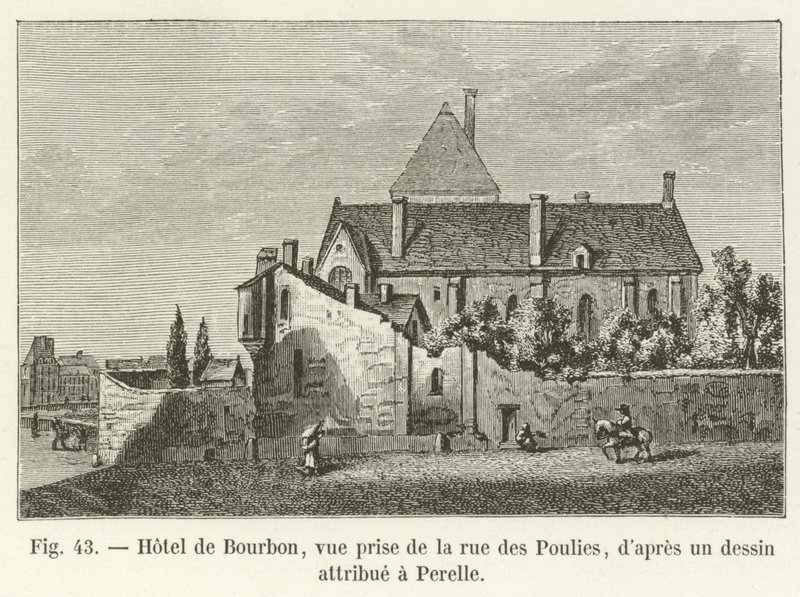 Hôtel de Bourbon, utsikt tatt fra rue des Poulies, etter en tegning tilskrevet Perelle av French School