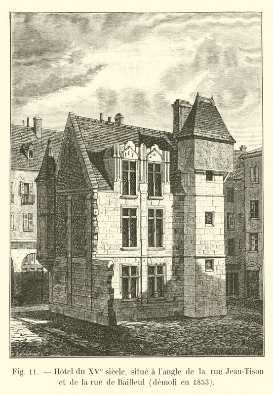 1400-tallshotell, som ligger på hjørnet av rue Jean-Tison og rue de Bailleul, revet i 1853 av French School