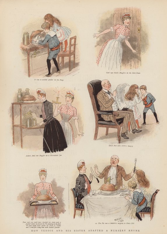Hvordan Teddie og søsteren hans tilpasset et barnerim (chromolitho) av French School