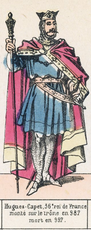 Hugues-Capet, 36. konge av Frankrike, besteg tronen i 987, døde i 997 (farget gravering) av French School