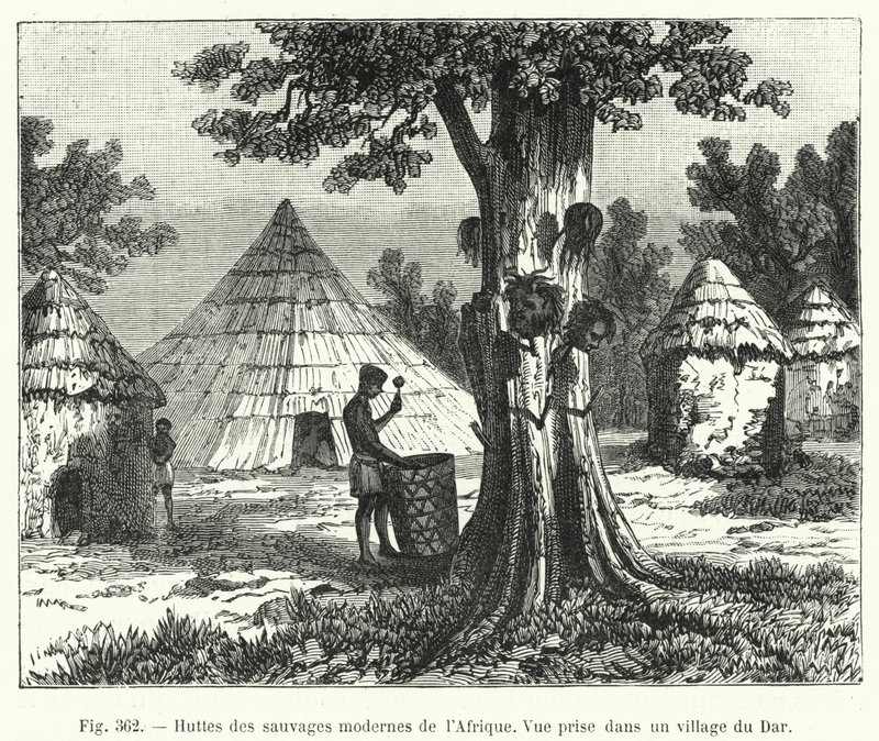 Hytter til de moderne villmennene i Afrika (gravering) av French School