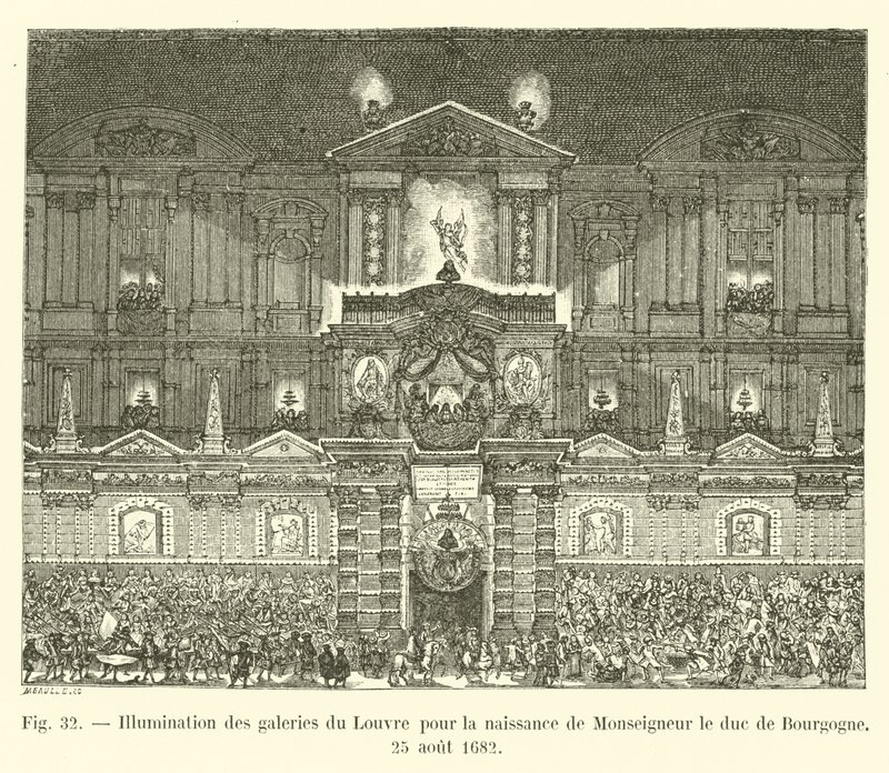 Belysning av galleriene i Louvre for fødselen til Monseigneur, hertugen av Burgund, 25. august 1682 av French School