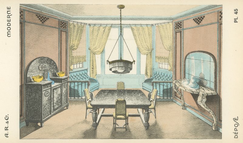 Illustrasjon fra interiørdesign produktkatalog fra A R & Cie, Frankrike av French School