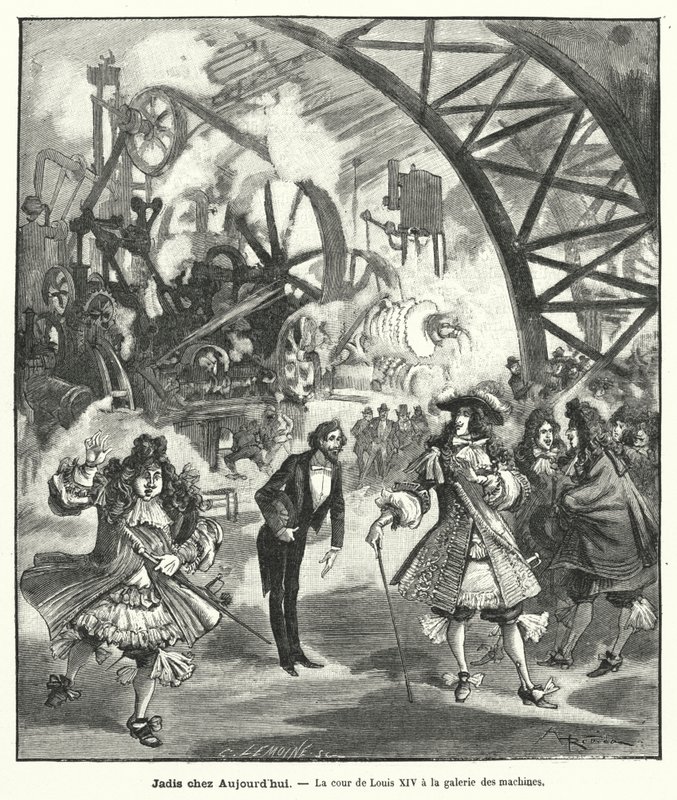 Forestilt besøk av kong Louis XIV og hans hoff til Pavilion of Machines på Exposition Universelle i Paris i 1889 (gravering) av French School