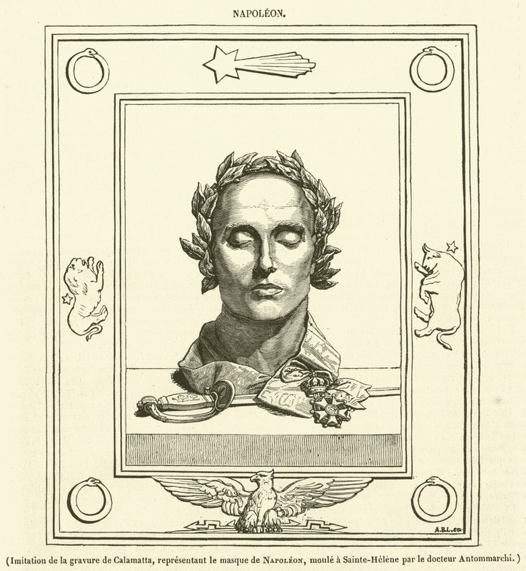Imitasjon av graveringen av Calamatta, som representerer Napoleons maske, støpt i St. Helena av Dr. Antommarchi (gravering) av French School