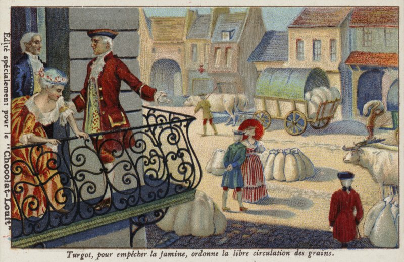For å forhindre sult beordrer Anne-Robert-Jacques Turgot gratis utdeling av korn, Frankrike, c1770 av French School