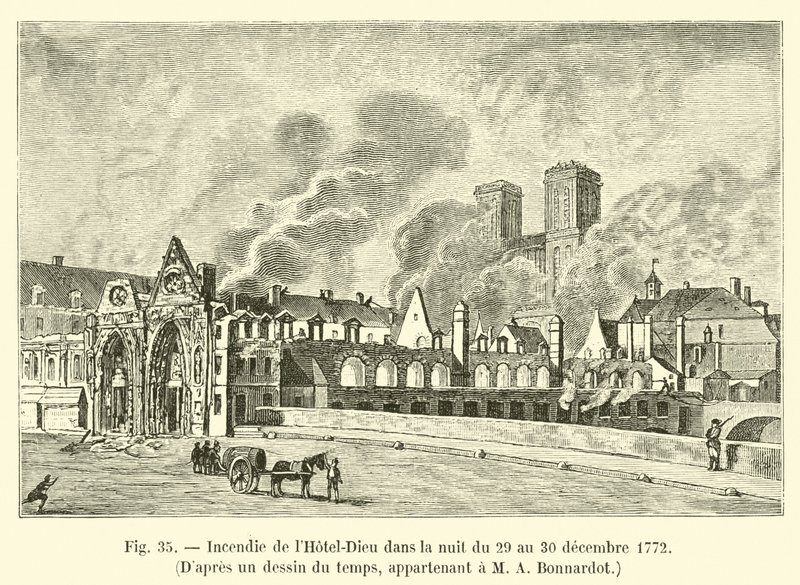 Brann på Hôtel-Dieu natten 29. til 30. desember 1772, etter en tegning av tiden, tilhørende M A Bonnardot av French School