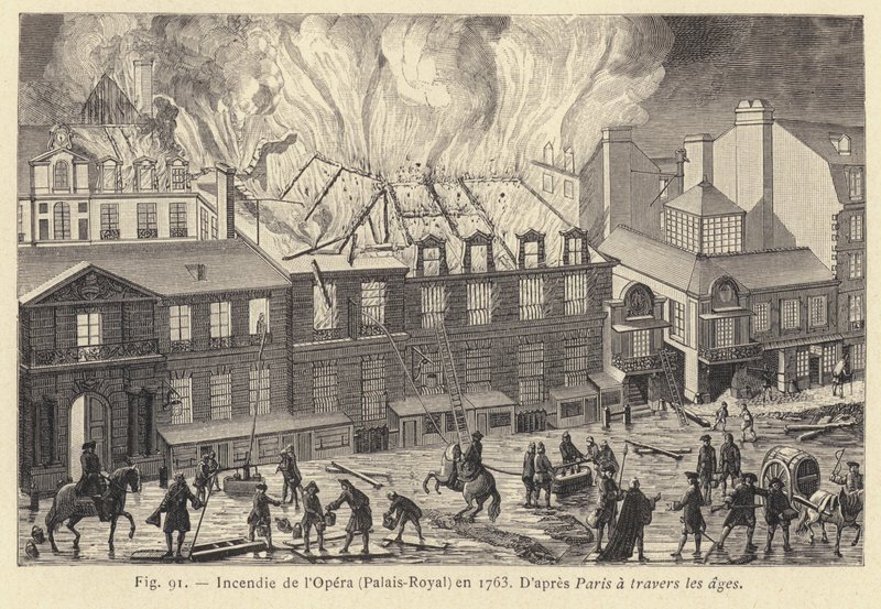 Brann ved operaen, Palais-Royal, i 1763 (gravering) av French School