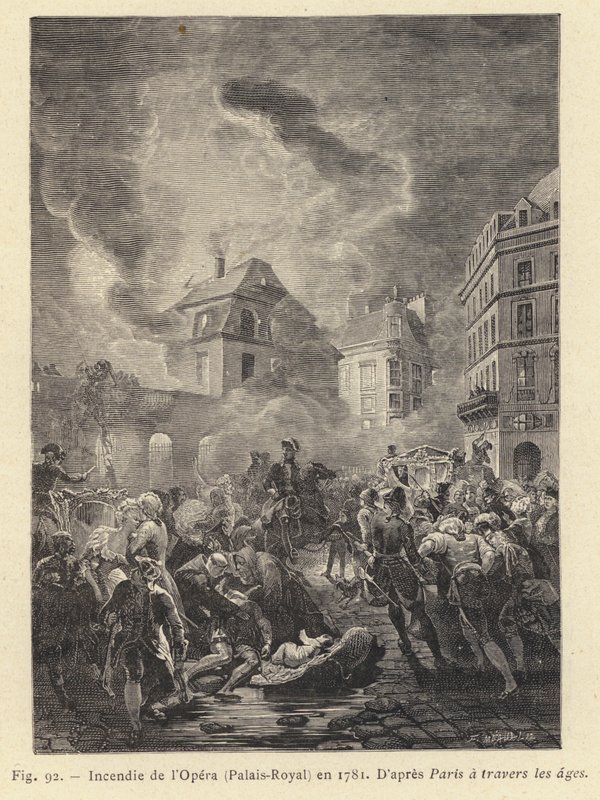 Brann ved operaen, Palais-Royal, i 1781 (gravering) av French School