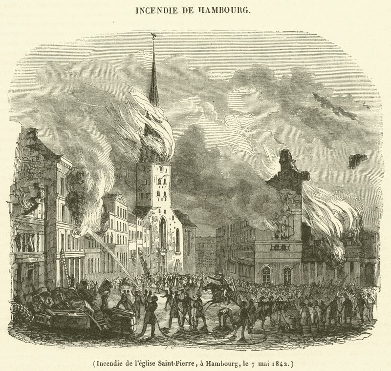 Brenning av St. Peters kirke, Hamburg, 7. mai 1842 (gravering) av French School