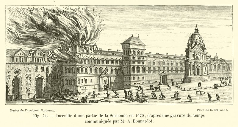 Brann i en del av Sorbonne i 1670, fra en gravering fra tiden formidlet av MA Bonnardot av French School