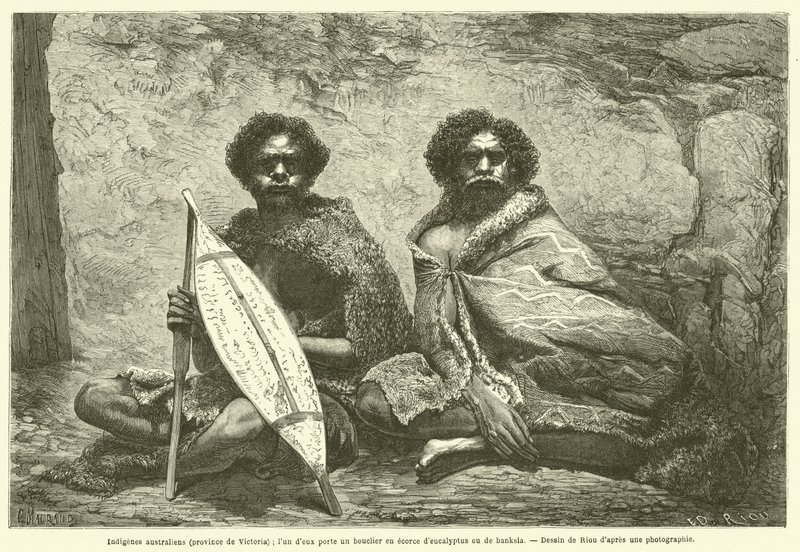 australske innfødte (provinsen Victoria); en av dem har et skjold laget av eukalyptus eller banksia bark (gravering) av French School