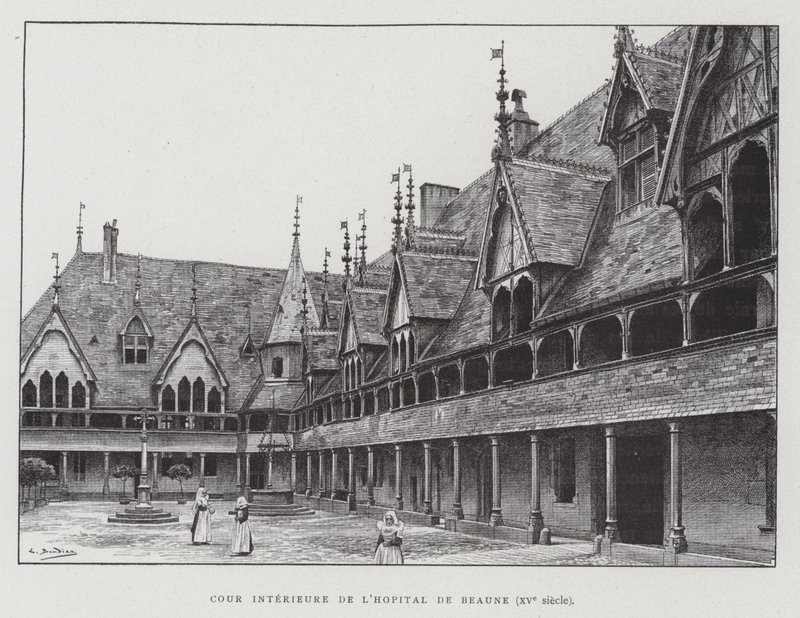 Den indre gårdsplassen til Hospices de Beaune av French School