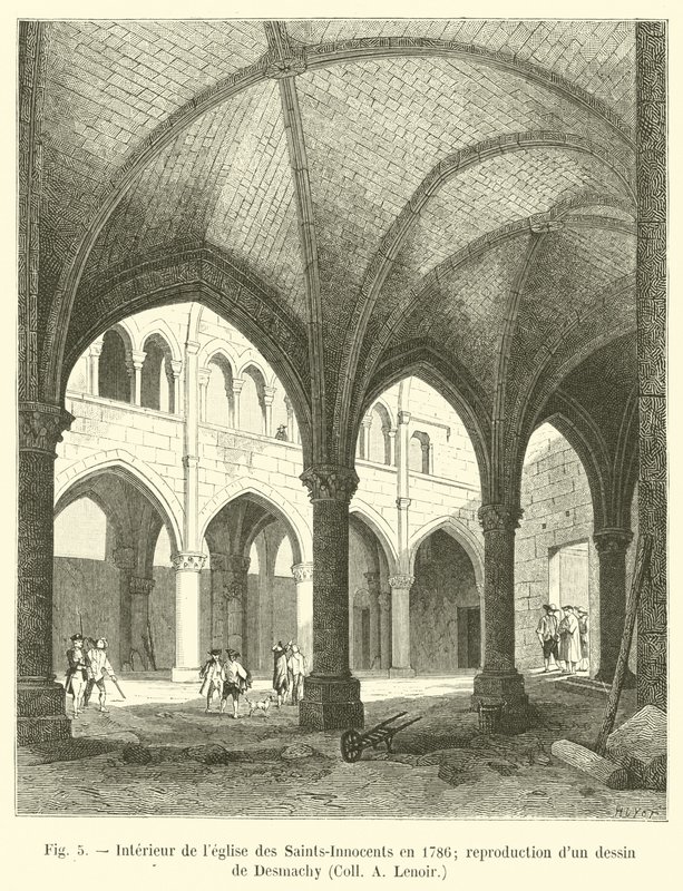 Interiør av de hellige-uskyldiges kirke i 1786; reproduksjon av en tegning av Desmachy, Coll A Lenoir av French School