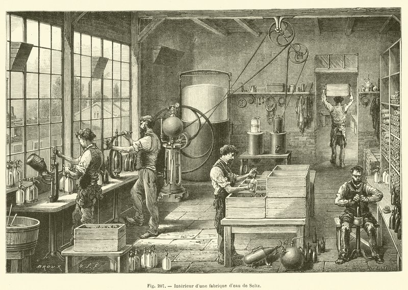 Interiør av en seltzer vannfabrikk (gravering) av French School