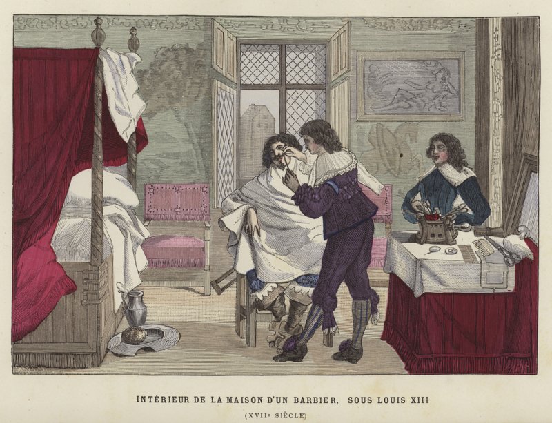 Interiør i et frisørhus, regjeringstid til Louis XIII av Frankrike, 1600-tallet av French School