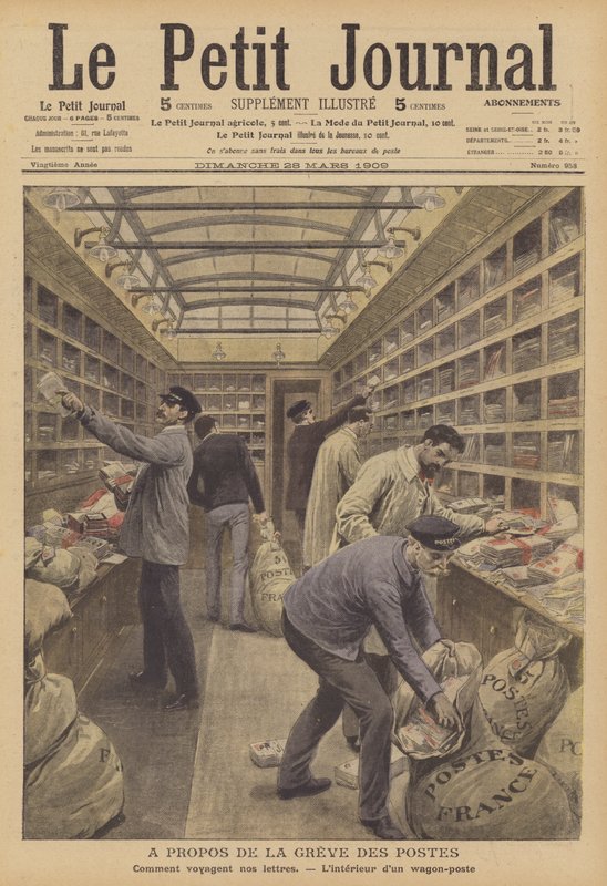 Interiør i en postvogn på et fransk tog (farge litho) av French School
