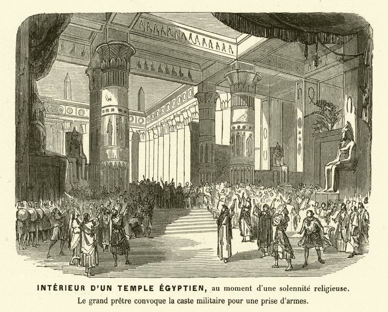 Interiør i et gammelt egyptisk tempel under en gudstjeneste (gravering) av French School