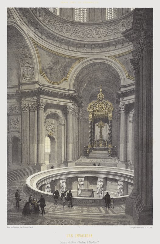 Interiør av kuppelen og graven til Napoleon I, Les Invalides, Paris (farge litho) av French School