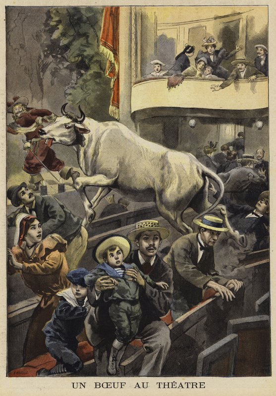 Avbrudd av en teaterforestilling av en okse, Villefranche-de-Lauragais, Frankrike, 1897 av French School